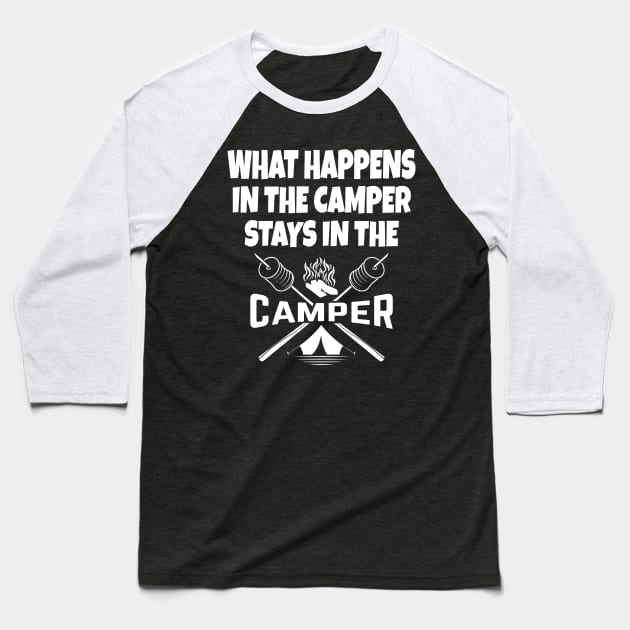 What happens in the camper stays in the camper Baseball T-Shirt by Work Memes